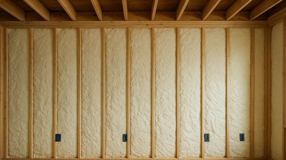 Closed-Cell Spray Foam at Rim Joist — Toronto Basement Closed-cell spray foam sealing a rim joist in a Toronto basement