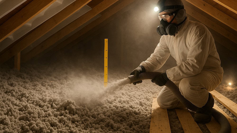 Technician applying blown‑in insulation across an attic in Caledon to increase R‑value