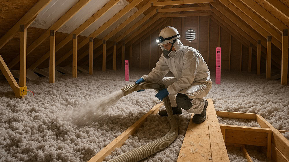 Even blown-in cellulose top-up with proper baffles in a Brampton attic
